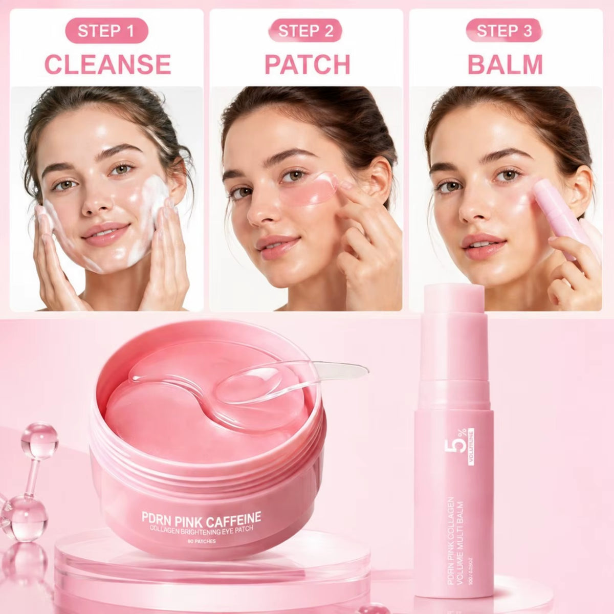 PDRN Pink Collagen Brightening Eye Patches Reduce Dark Circles Puffiness+Multi Balm Stick Hydrating Firming Face Neck Skin Care
