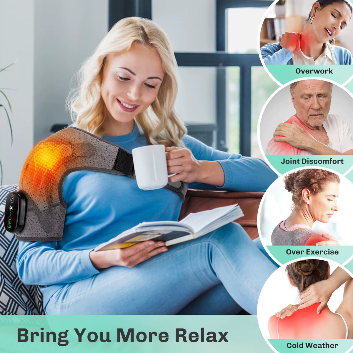 Adjustable Heating Vibration Shoulder Brace Support, Electric Heating Pad for Shoulder, Left and Right Shoulder Massager Warming