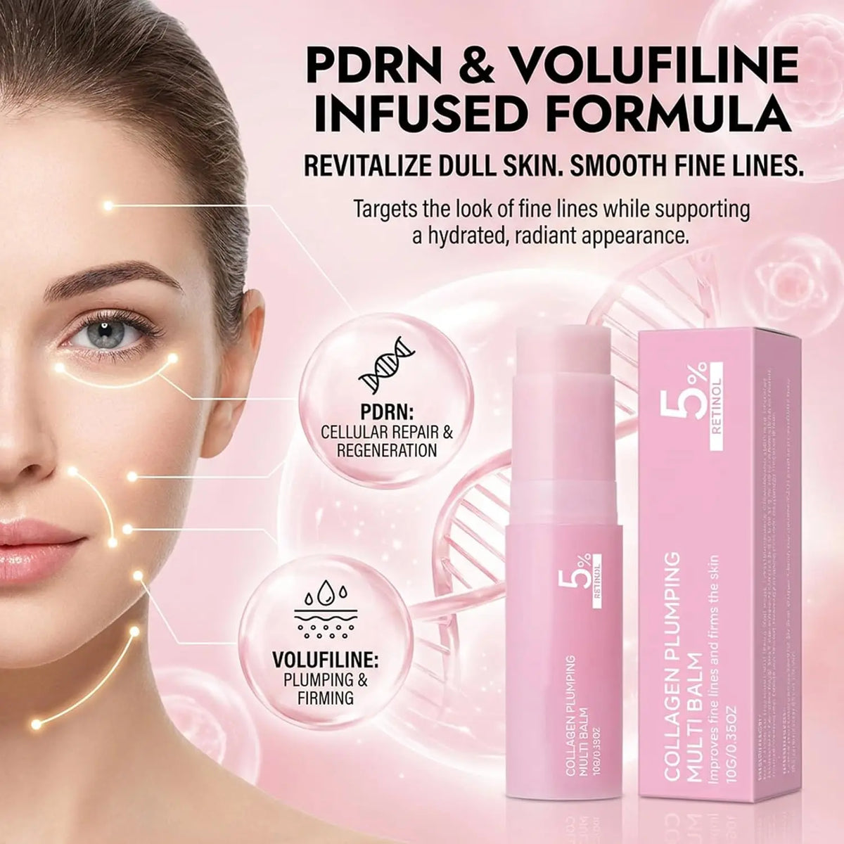 PDRN Pink Collagen Volume Multi Balm Stick |Collagen Balm Stick with Volufiline and NAD, Face & Body Moisturizing Lines and Lips