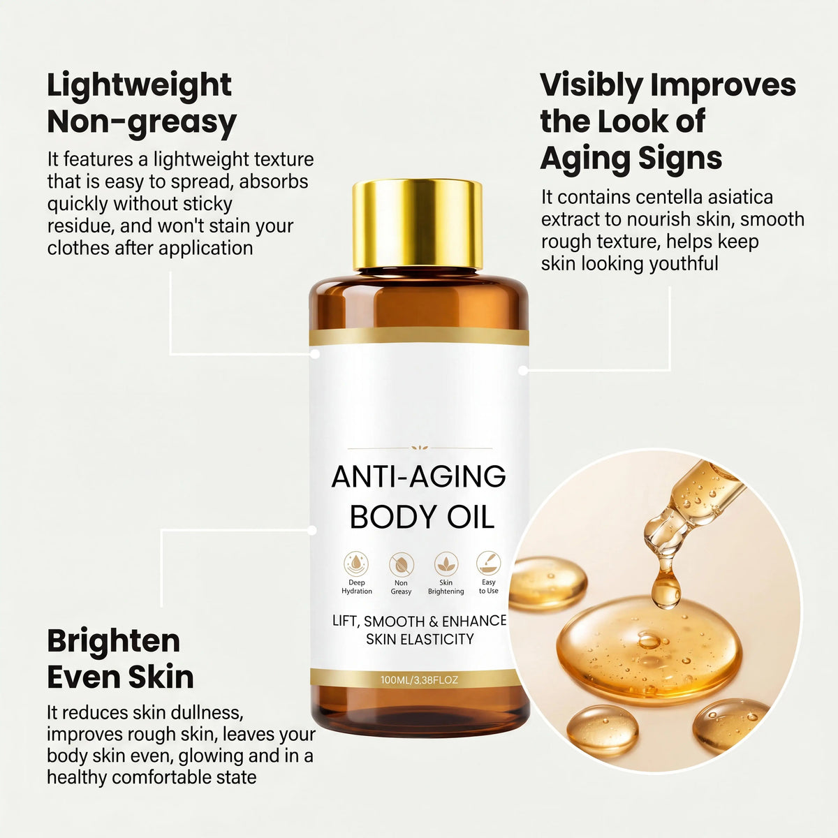 Anti Aging Body Oil with Collagen & Centella Asiatica,Deep Hydrating Firming Lightweight Non Greasy Moisturizing Glow Body Oil