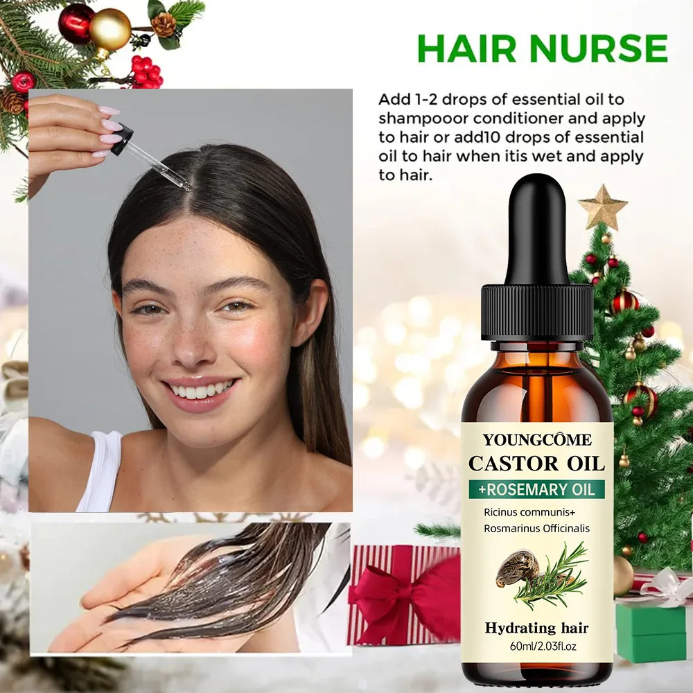 Mix Castor Oil and Rosemary Oil for Hair Growth Enhances Hair Thickness and Shine, Reduce Hair Loss and Split Ends Hair Care Oil